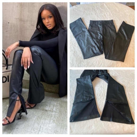 Zara Vegan Faux Leather Straight split Leg Pants Black 16977 - Picture 1 of 15